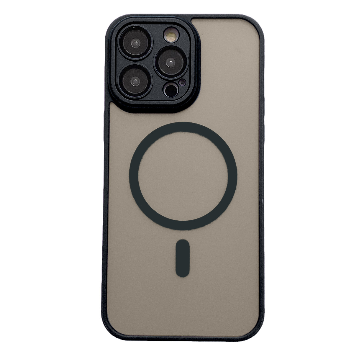 Eine iPhone-Hülle mit schwarzem Kameramodul und einem schwarzen Kreis- und Strich-Design auf beigem Hintergrund.