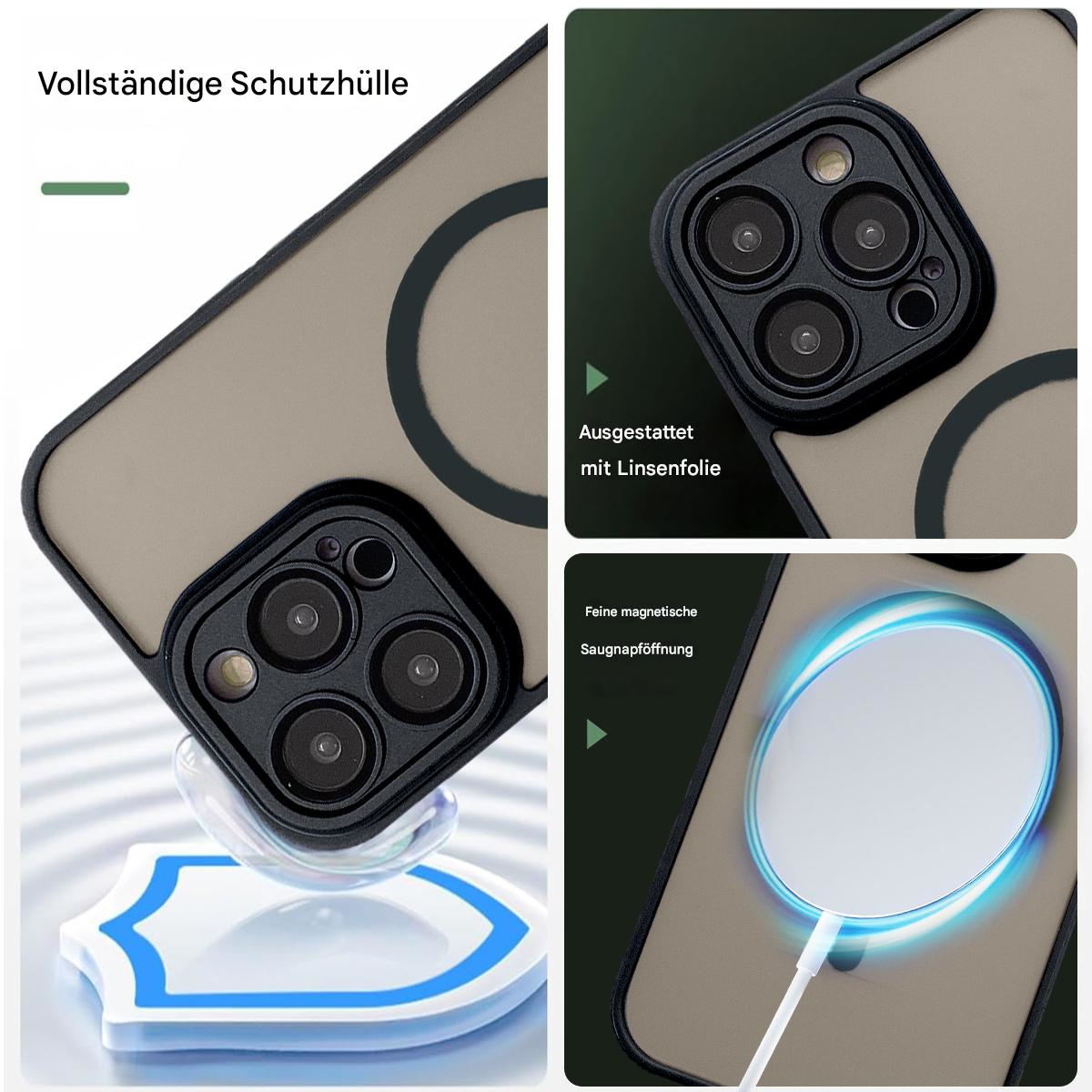 Nahaufnahme einer Handyhülle mit drei Kameralinsen. Ein weißes Ladegerät ist angeschlossen. Text auf Deutsch. Die Hülle ist beige und schwarz.