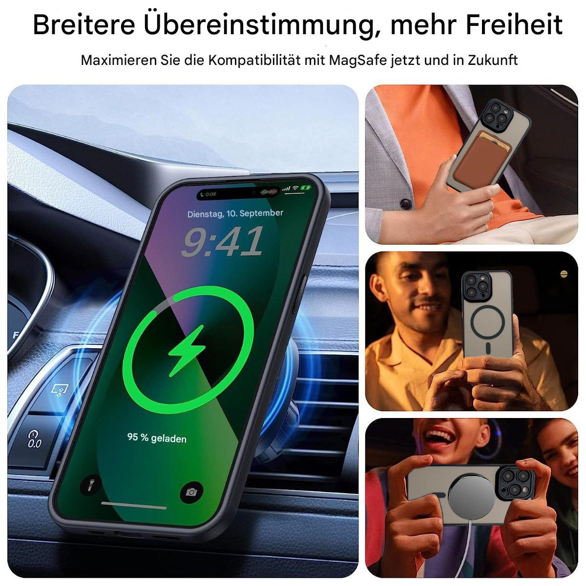 Das Bild zeigt ein ladendes Telefon, MagSafe-Kompatibilität. Außerdem sind drei Personen zu sehen, die Telefone mit MagSafe-Zubehör halten.