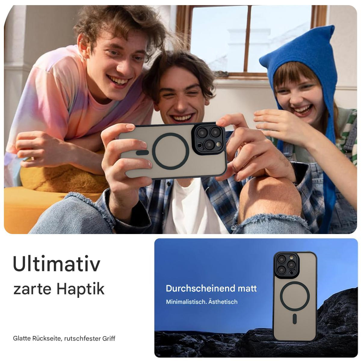 Drei lächelnde Personen halten ein Telefon. Einer trägt einen blauen Hut. Das Telefon hat eine Hülle mit kreisförmigem Design.