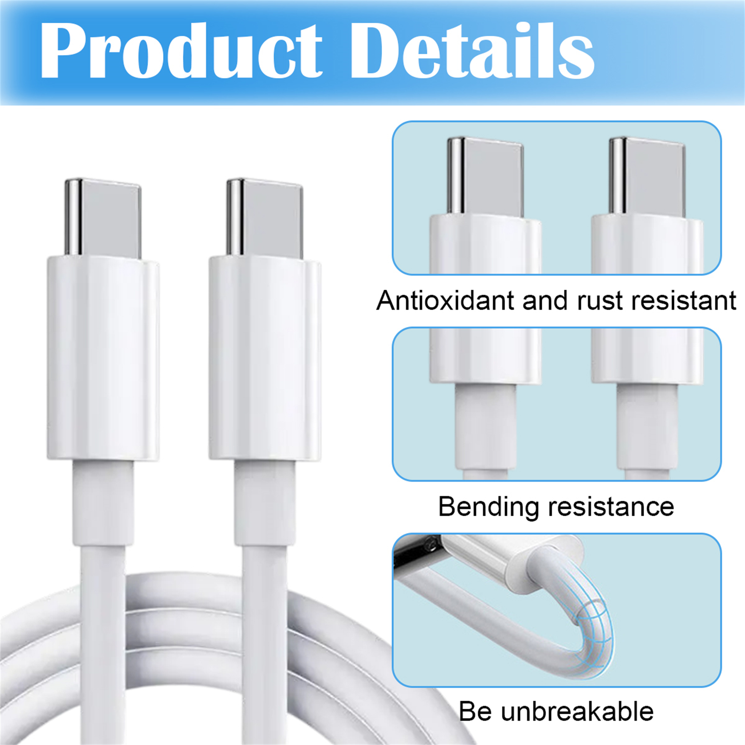 Weiße USB-C-Kabel mit Produktdetails. Eigenschaften: Antioxidationsmittel, Biegefestigkeit und unzerbrechliches Design.