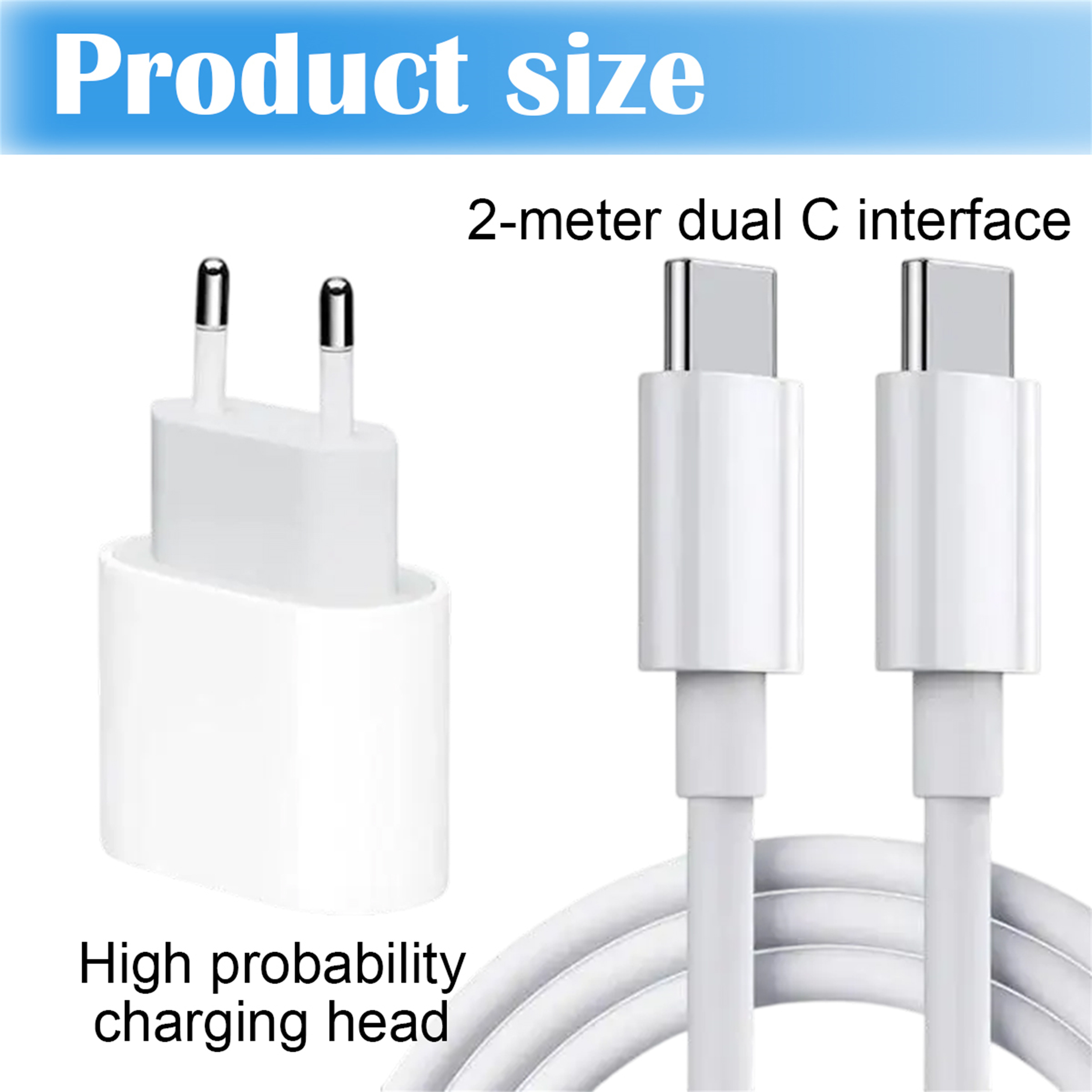 Das Bild zeigt ein weißes Ladegerät und zwei weiße USB-C-Kabel. Der Text lautet 'Produktgröße', '2-Meter-Dual-C-Schnittstelle' und 'Hochwahrscheinlicher Ladekopf'.