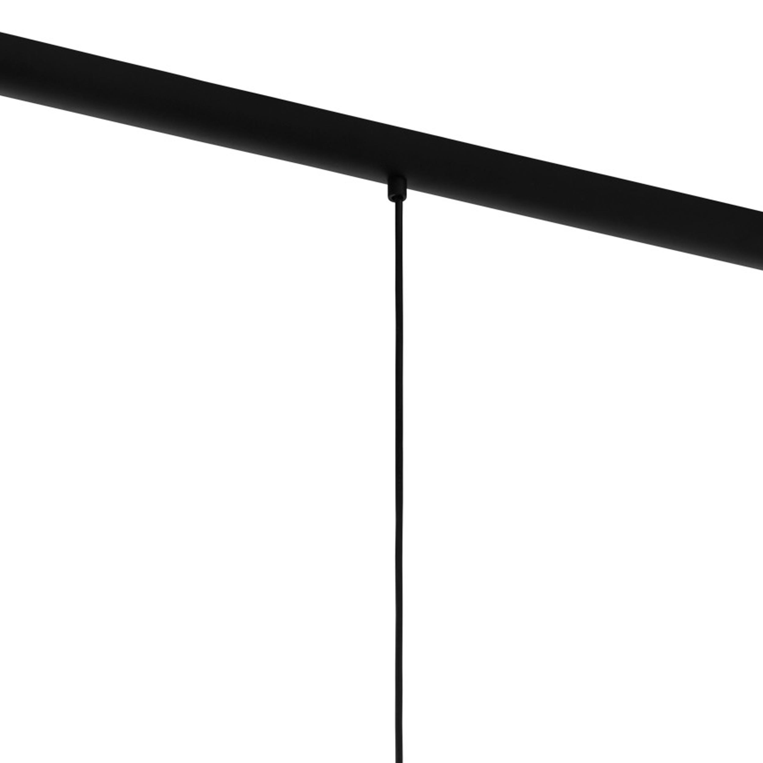 Oben befindet sich eine schwarze horizontale Stange. Ein schwarzes Kabel hängt herunter. Weißer Hintergrund.