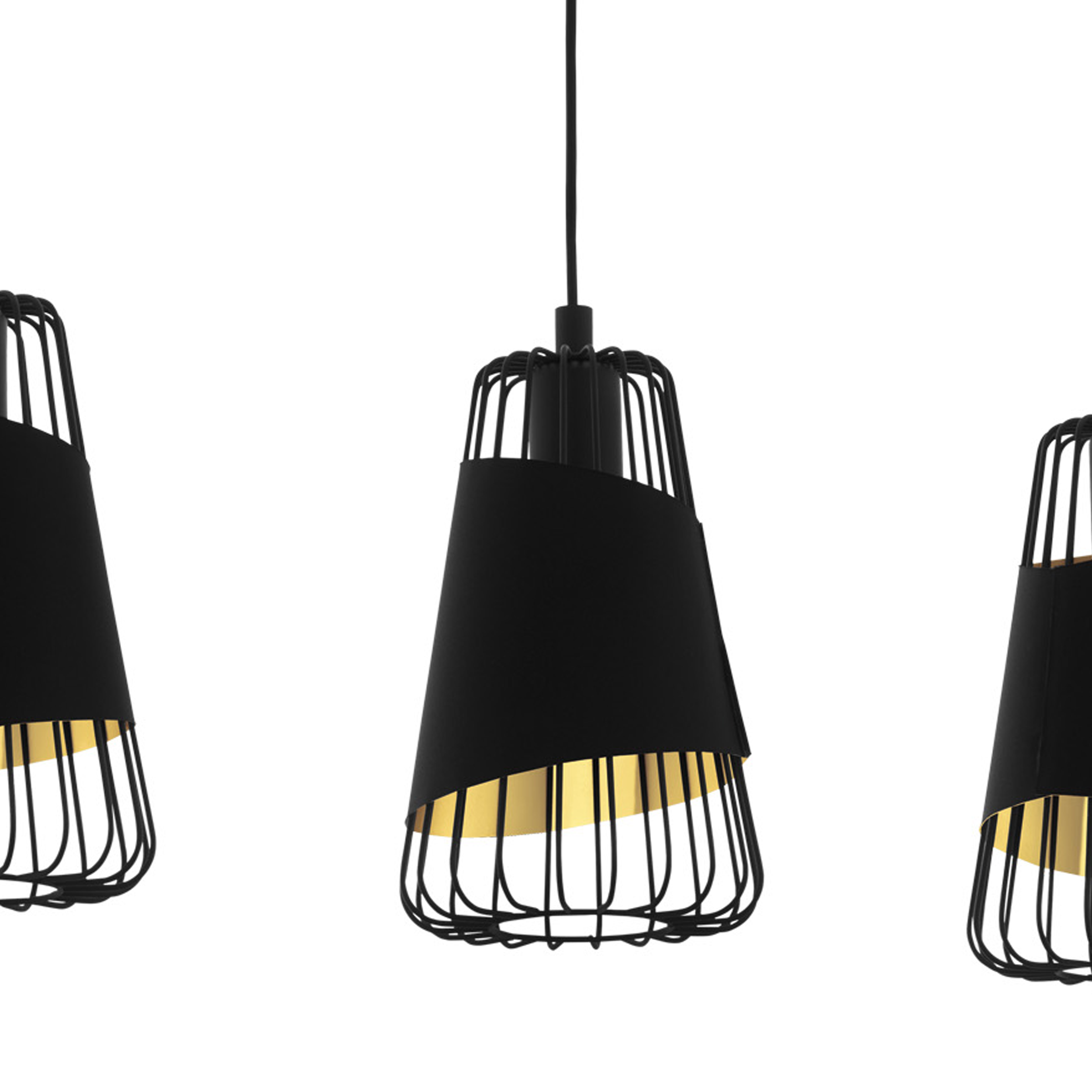 Drei schwarze Lampen mit Drahtkäfigen und schwarzen Schirmen hängen vor weißem Hintergrund. Die Innenseiten sind goldfarben.