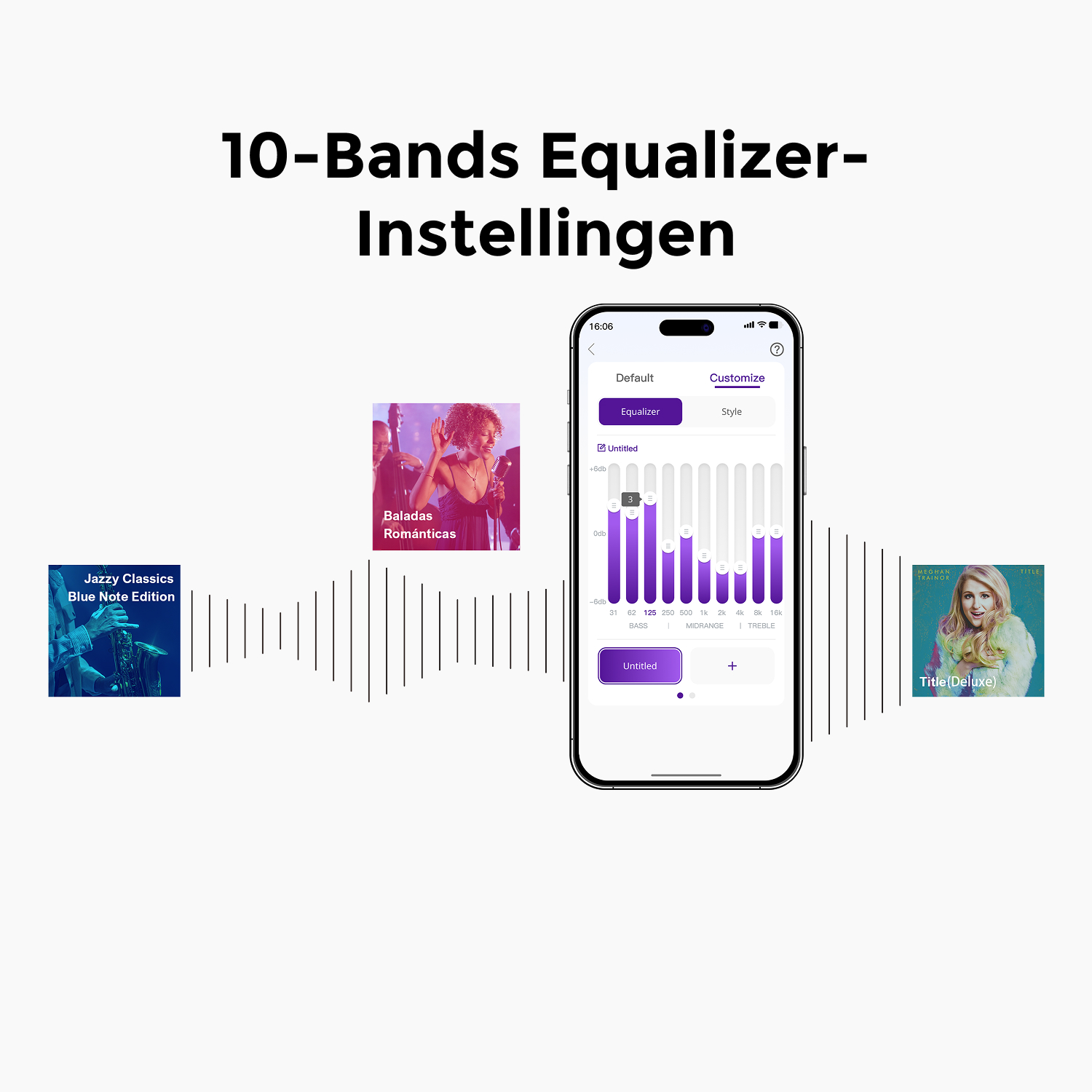 An equalizer app on a phone shows frequency bands and album covers. Text above says '10-Bands Equalizer-Instellingen'.
