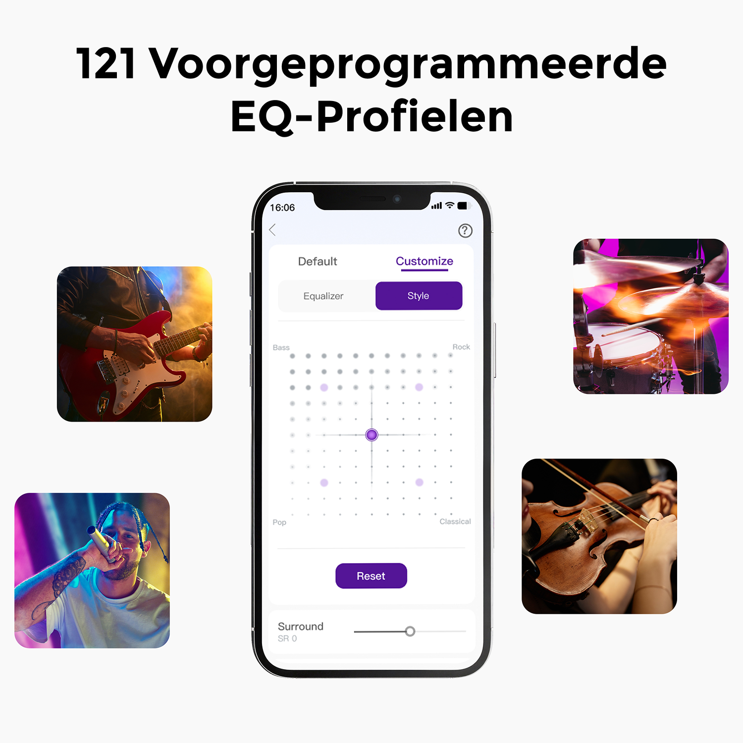 Smartphone avec paramètres d'égalisation et images de musiciens : guitariste, batteur, chanteur et violoniste, avec texte : 121 profils EQ.