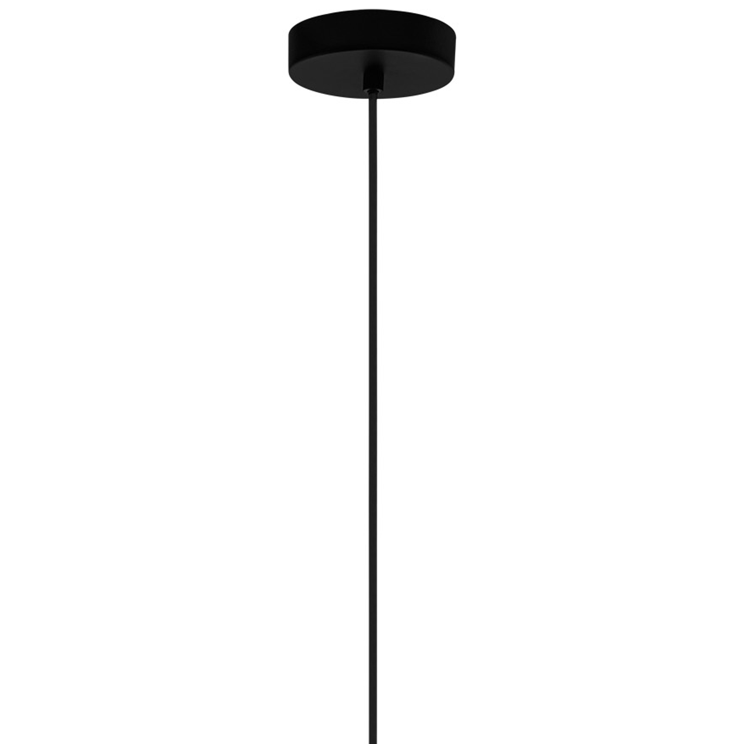 Eine schwarze Deckenleuchte wird von einem schwarzen Kabel abgehängt. Sie hat eine runde, flache Basis.