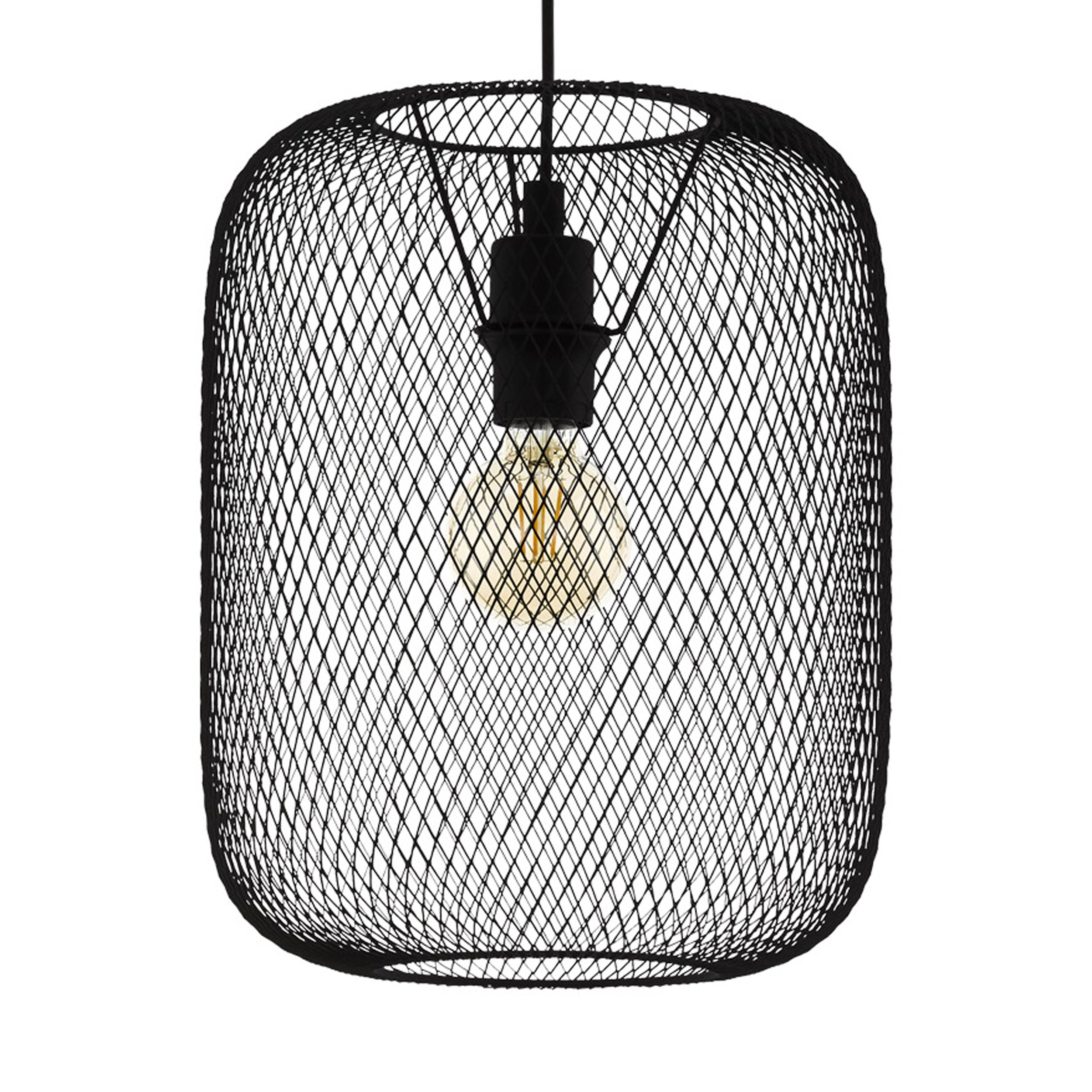 Eine schwarze, käfigartige Pendelleuchte hängt vor einem weißen Hintergrund. Im Inneren des Käfigs ist eine Edison-Glühbirne zu sehen.