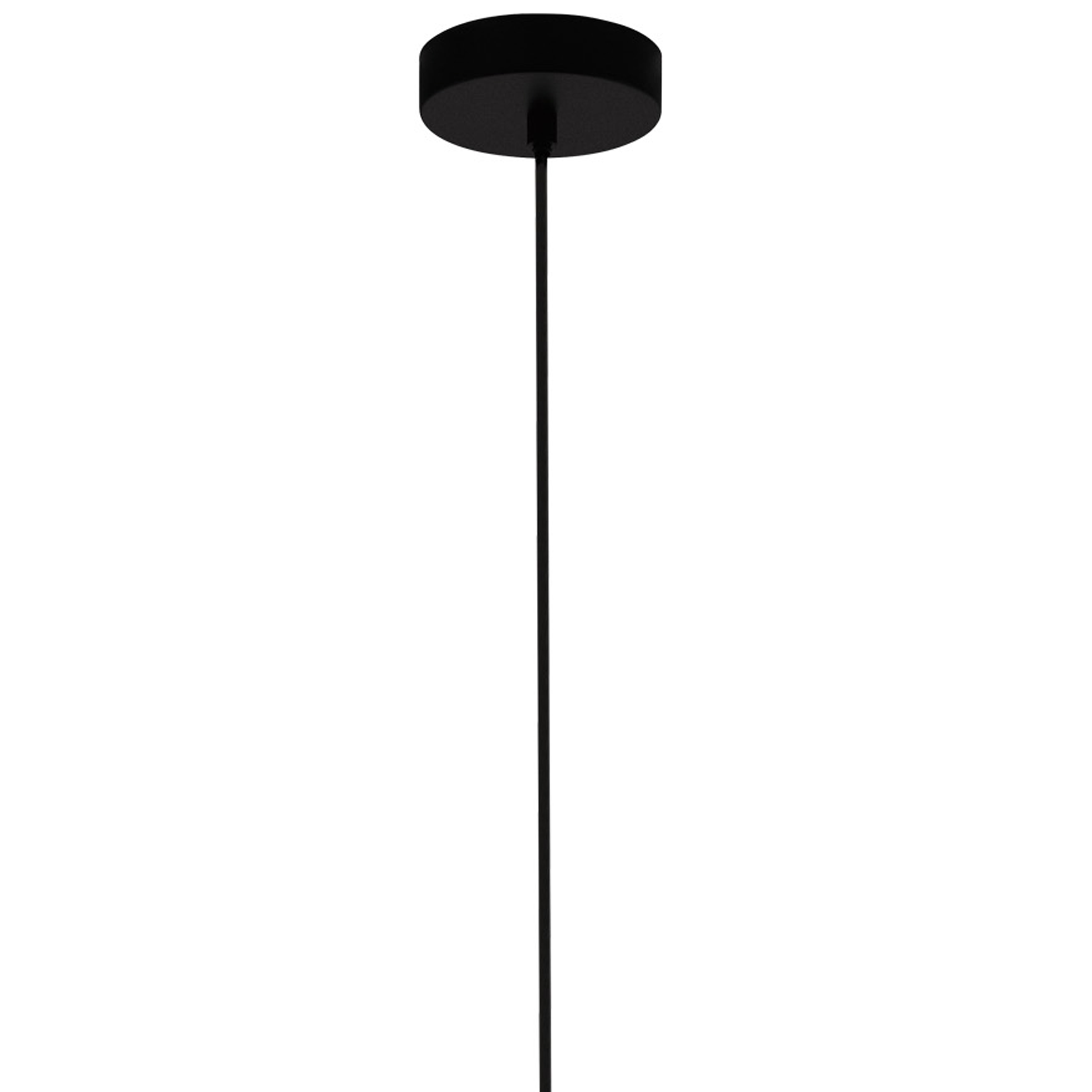 Eine schwarze Deckenleuchte mit kreisförmiger Basis und einer dünnen, vertikalen Stange, vor weißem Hintergrund.