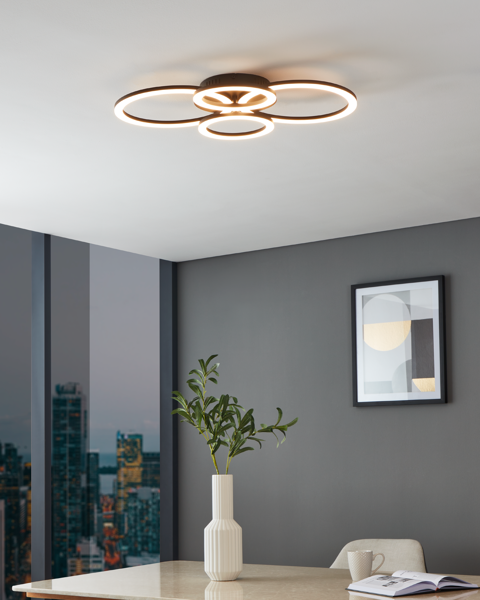Interni moderni con lampada a soffitto, opere d'arte, vaso con verde e tavolo. Vista sulla città.
