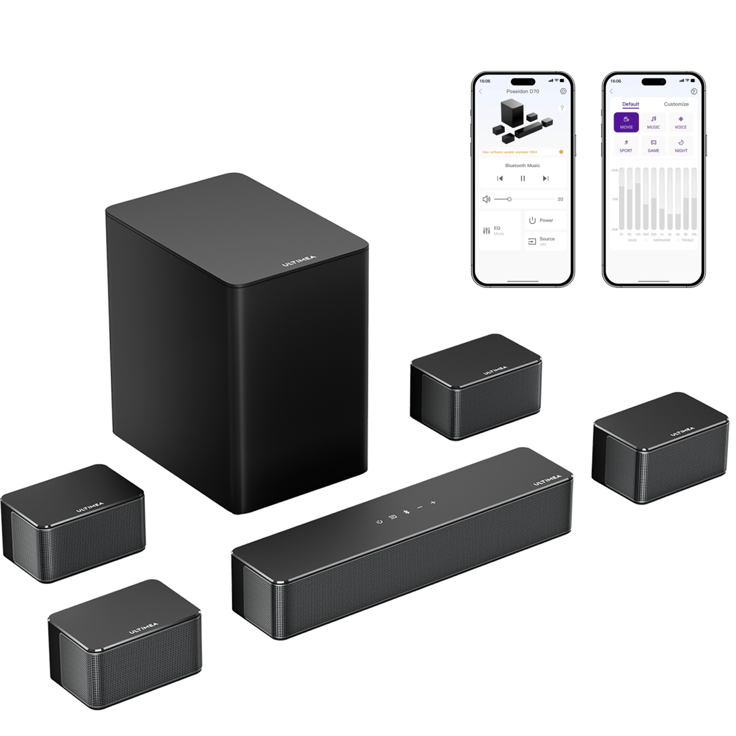 Czarny system głośnikowy z subwooferem, soundbarem i głośnikami satelitarnymi, wraz z dwoma ekranami smartfonów.