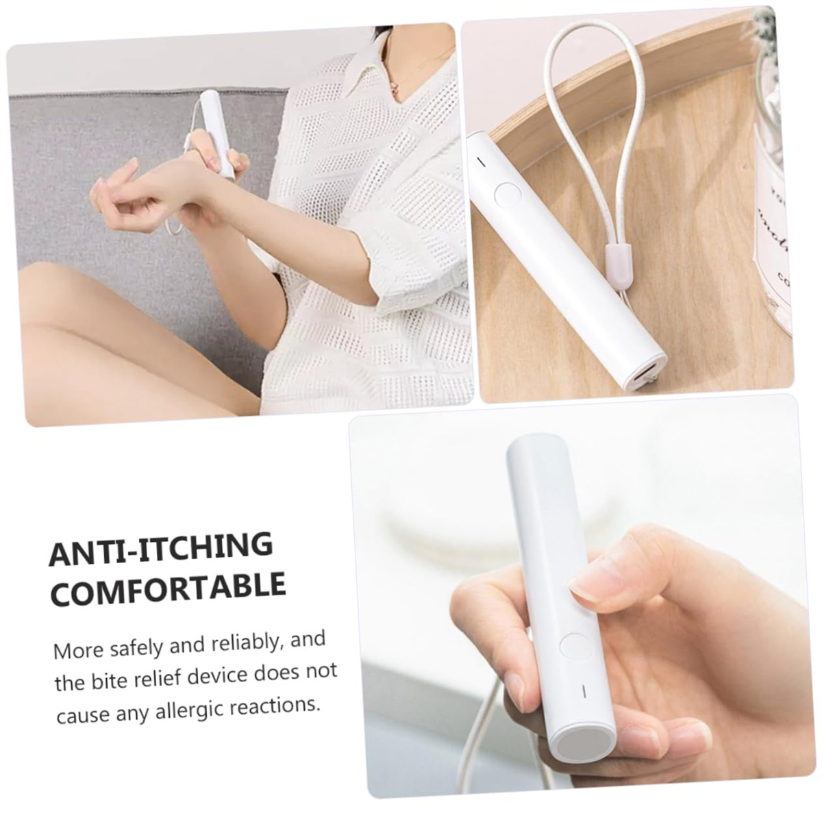 Eine Person benutzt ein weißes Gerät gegen Juckreiz am Handgelenk. Das Gerät ist weiß, rechteckig mit einem Knopf. Text: ANTI-ITCHING COMFORTABLE.