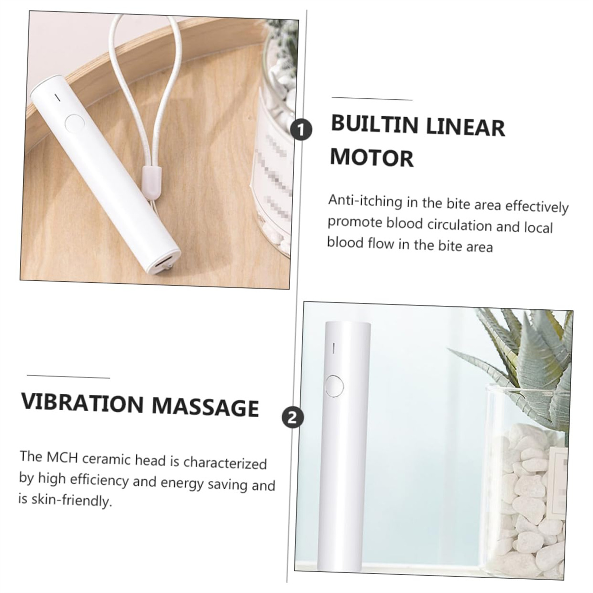 Weißes Massagegerät mit Riemen auf einem Holztablett. Textetiketten beschreiben Funktionen: Eingebauter Linearmotor, Vibrationsmassage.