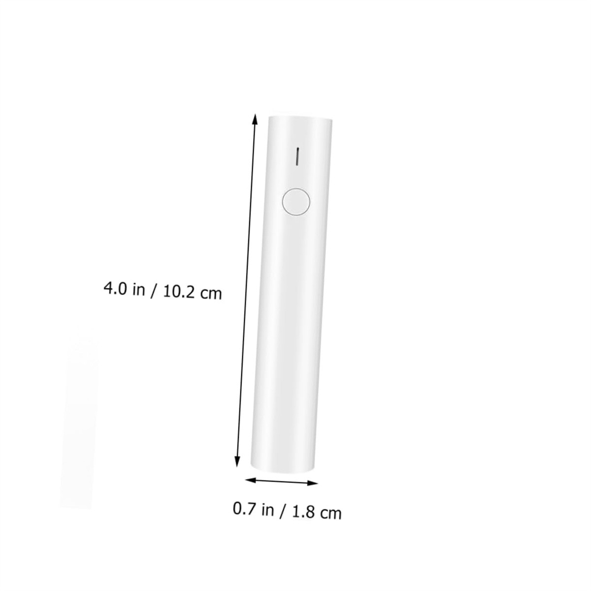 Ein weißes zylindrisches Objekt mit einem Knopf und einer Linie, die Abmessungen sind mit 4,0 Zoll / 10,2 cm und 0,7 Zoll / 1,8 cm angegeben.