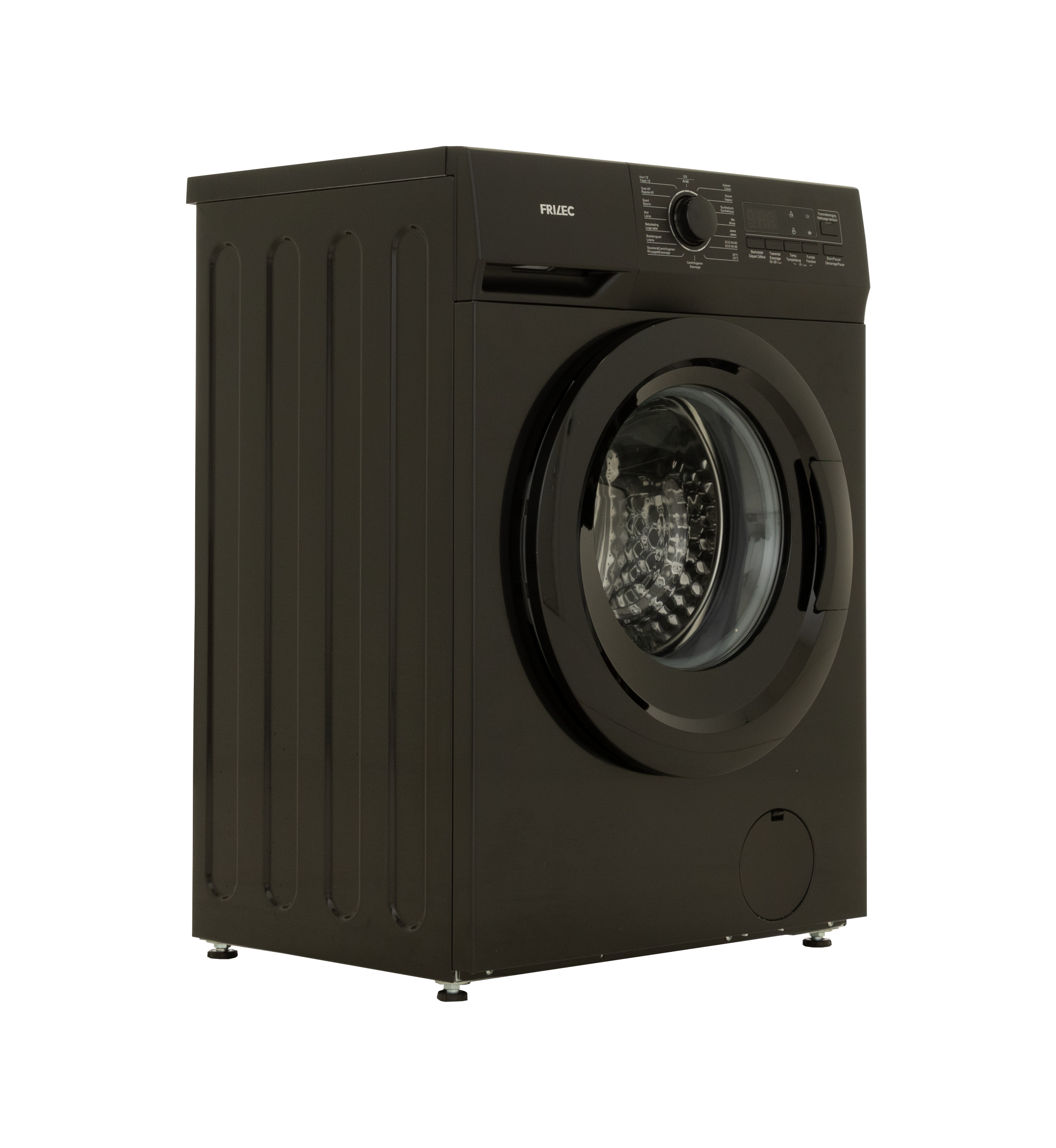 A black washing machine with a glass door is isolated on a white background. The brand name is FRIZEC.