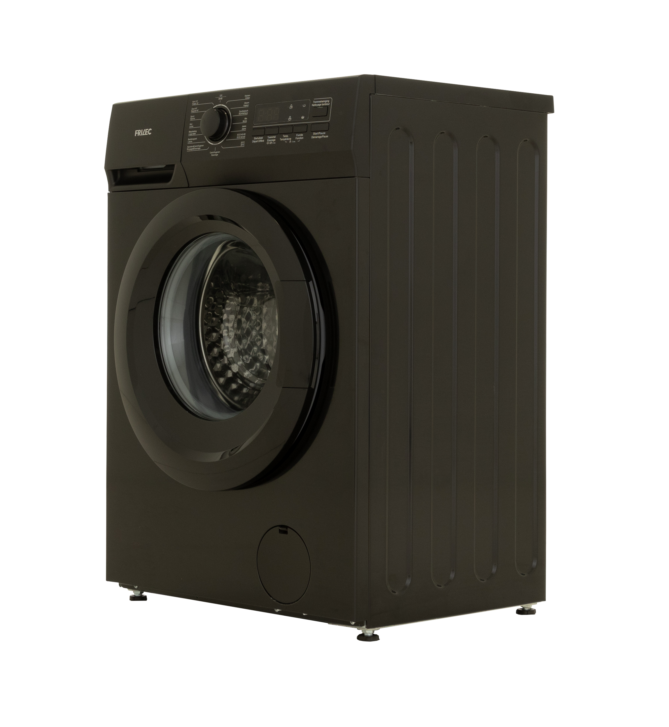 A black washing machine with a round glass door is on a white background. The brand is FRILEC.