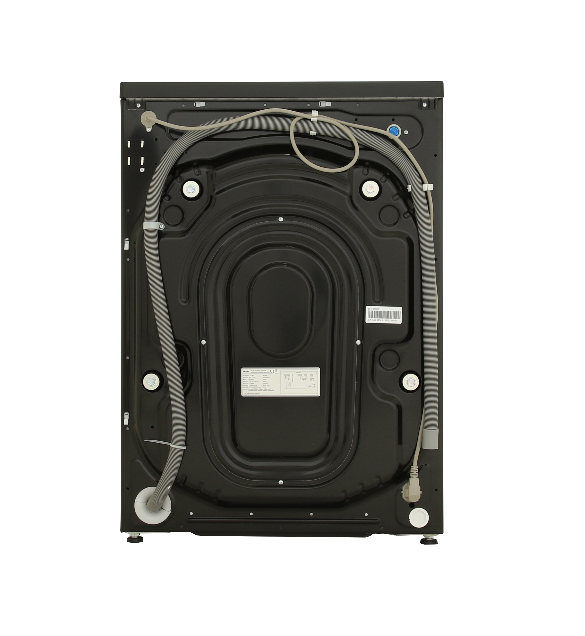 Back view of a black washing machine. It has a gray hose and a power cord. The background is white.