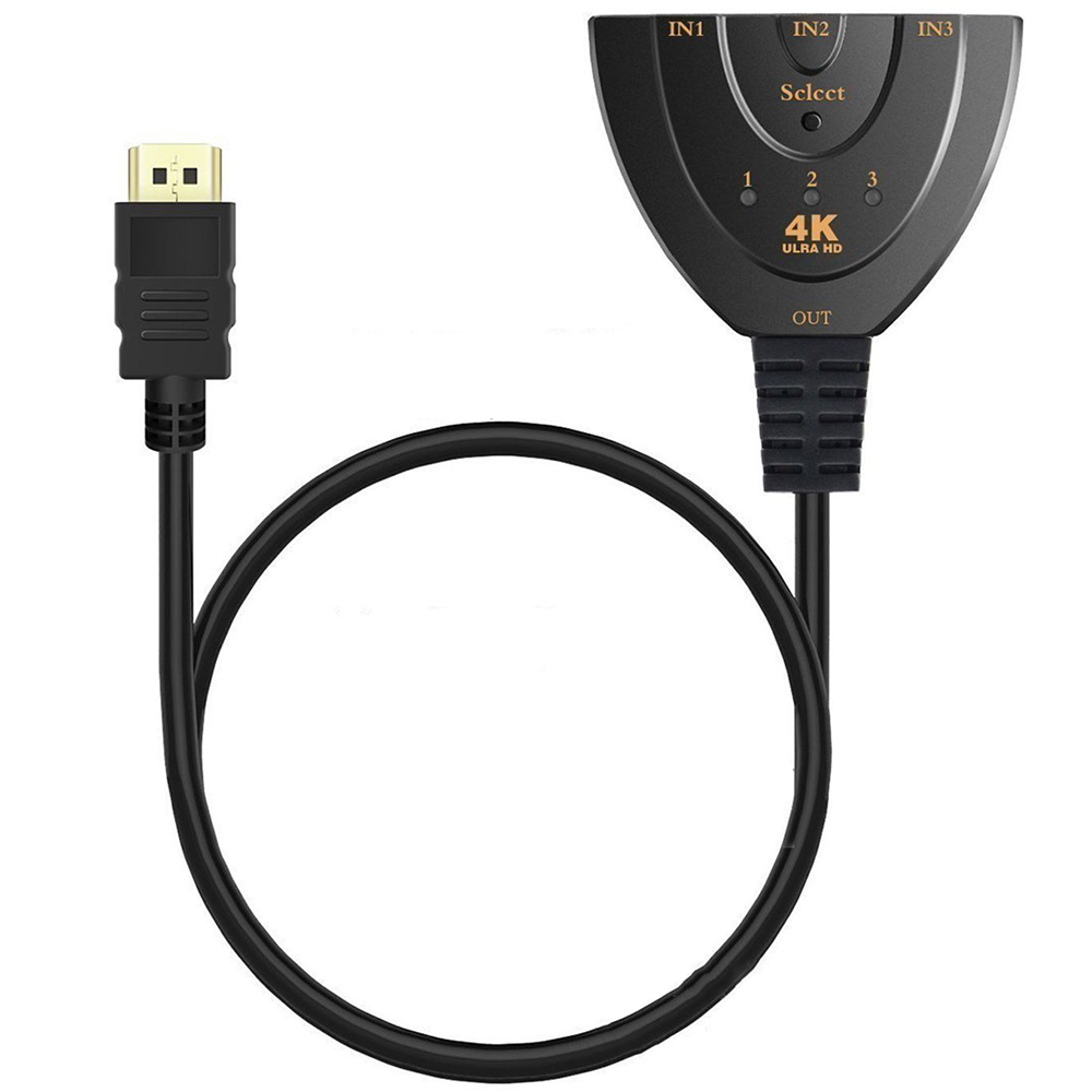Schwarzer HDMI-Umschalter mit drei Eingängen, einem Ausgang und einem Kabel. Enthält ein 4K Ultra HD-Label und eine Auswahltaste.
