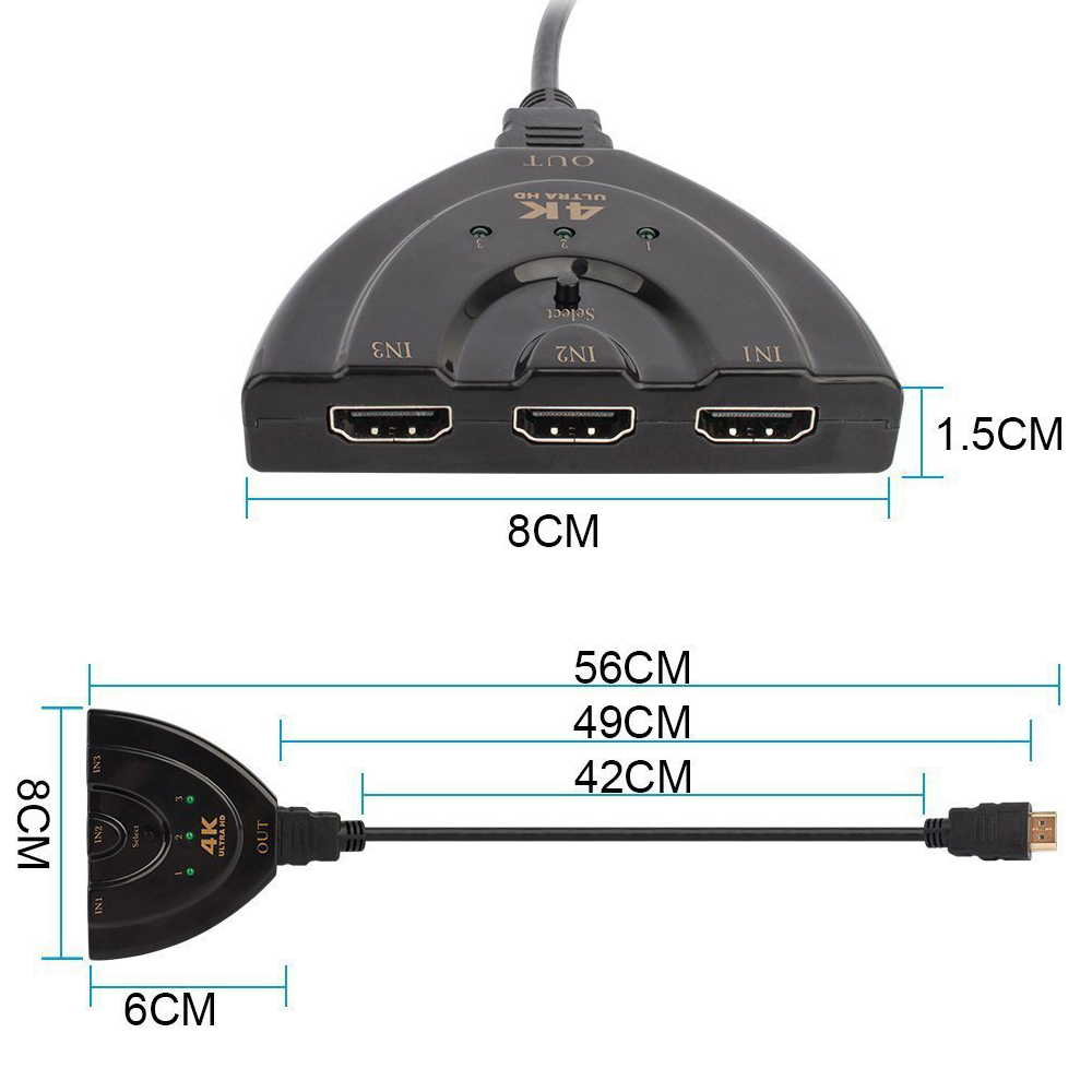 Ein schwarzer HDMI-Umschalter mit drei Eingängen und einem Ausgang. Abmessungen sind beschriftet. Das Gerät ist als 4K Ultra HD gekennzeichnet.
