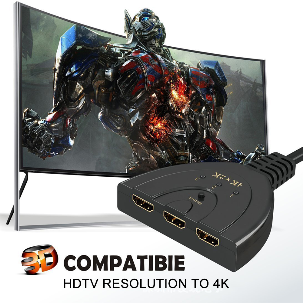 Ein Fernseher zeigt einen Transformer. Ein schwarzer HDMI-Umschalter ist im Vordergrund. Text sagt 3D-kompatibel und HDTV-Auflösung bis 4K.