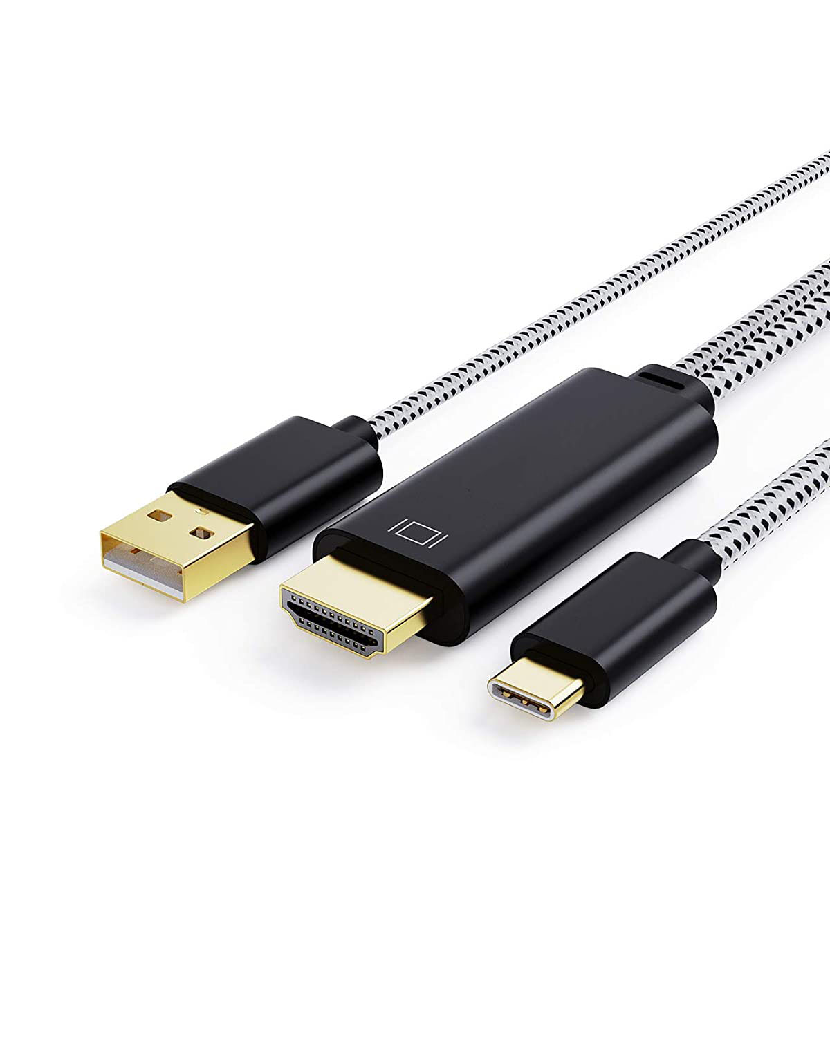Ein schwarzes und goldenes HDMI-, USB- und USB-C-Kabel. Die Kabel liegen auf weißem Hintergrund. Die Kabel sind mit Schwarz und Weiß verwoben.