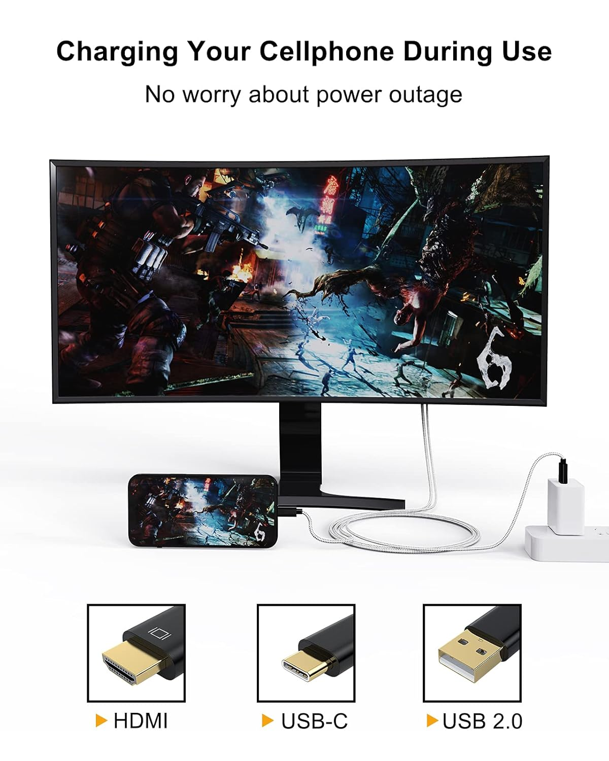 Ein Monitor zeigt eine Spielszene. Ein Telefon ist angeschlossen. Unten sind HDMI, USB-C und USB 2.0 Anschlüsse.