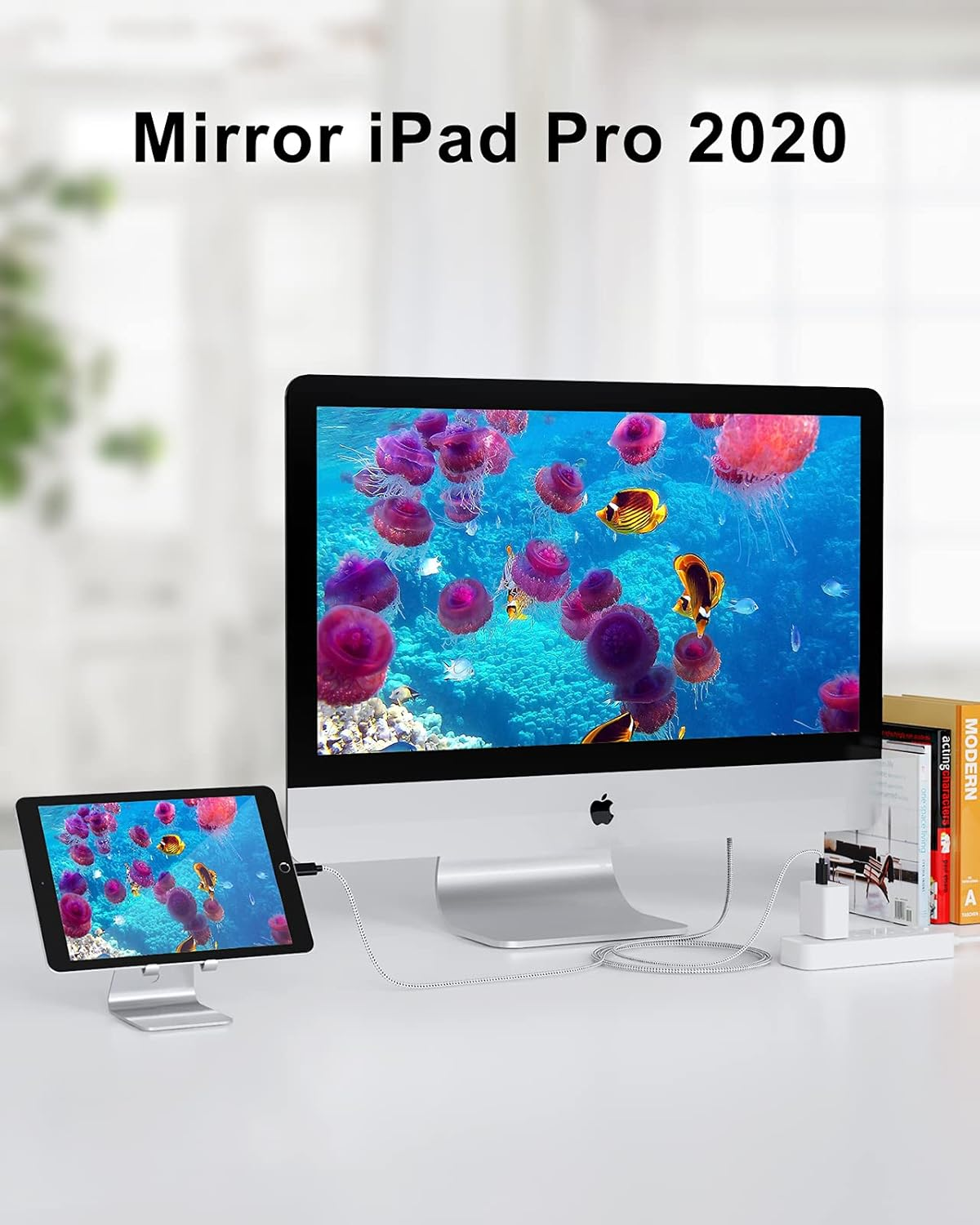 Ein iPad und ein Computer zeigen dasselbe Unterwasserbild. Das iPad steht auf einem Ständer. Kabel verbinden beide Geräte. Bücher sind daneben.
