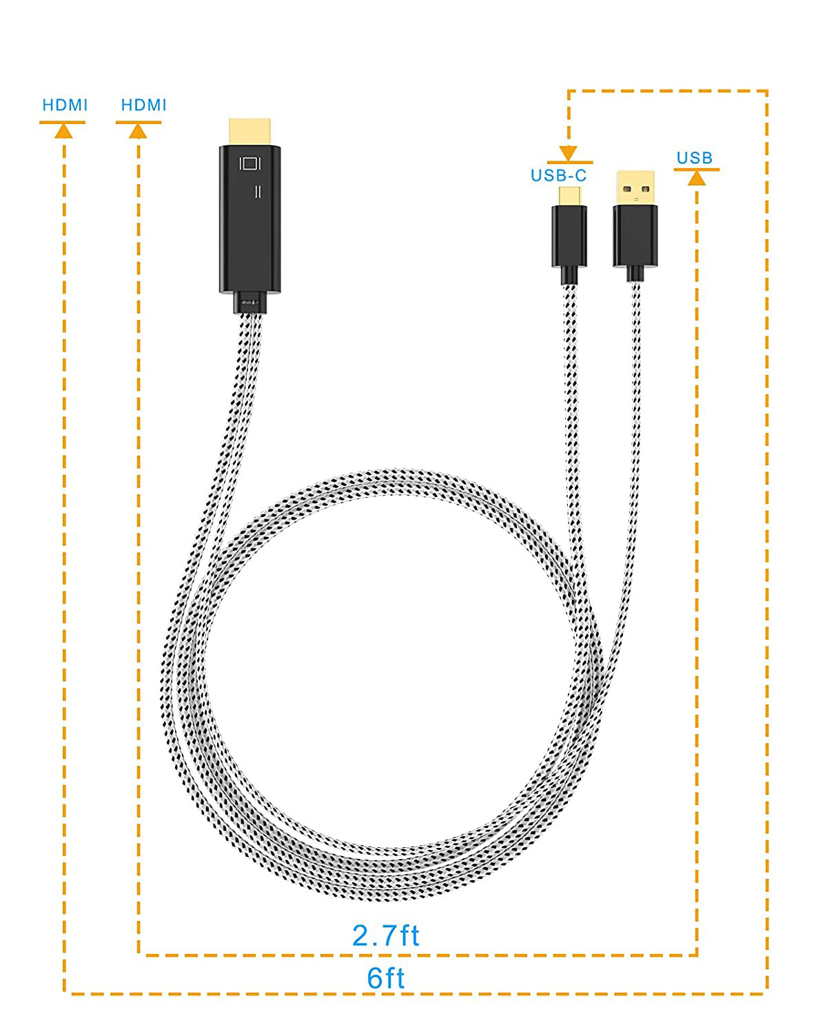 Diagramm von Kabeln: HDMI, USB-C und USB. Kabel sind schwarz und weiß. Abmessungen sind 2,7 Fuß und 6 Fuß.