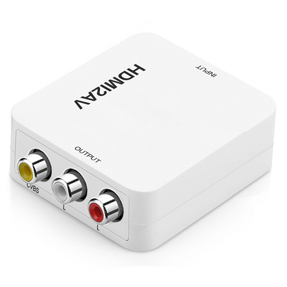 Weißer HDMI2AV-Konverter mit Eingangs- und Ausgangsanschlüssen. Ausgangsanschlüsse haben gelbe, weiße und rote Anschlüsse. Das Gerät steht auf einer weißen Oberfläche.