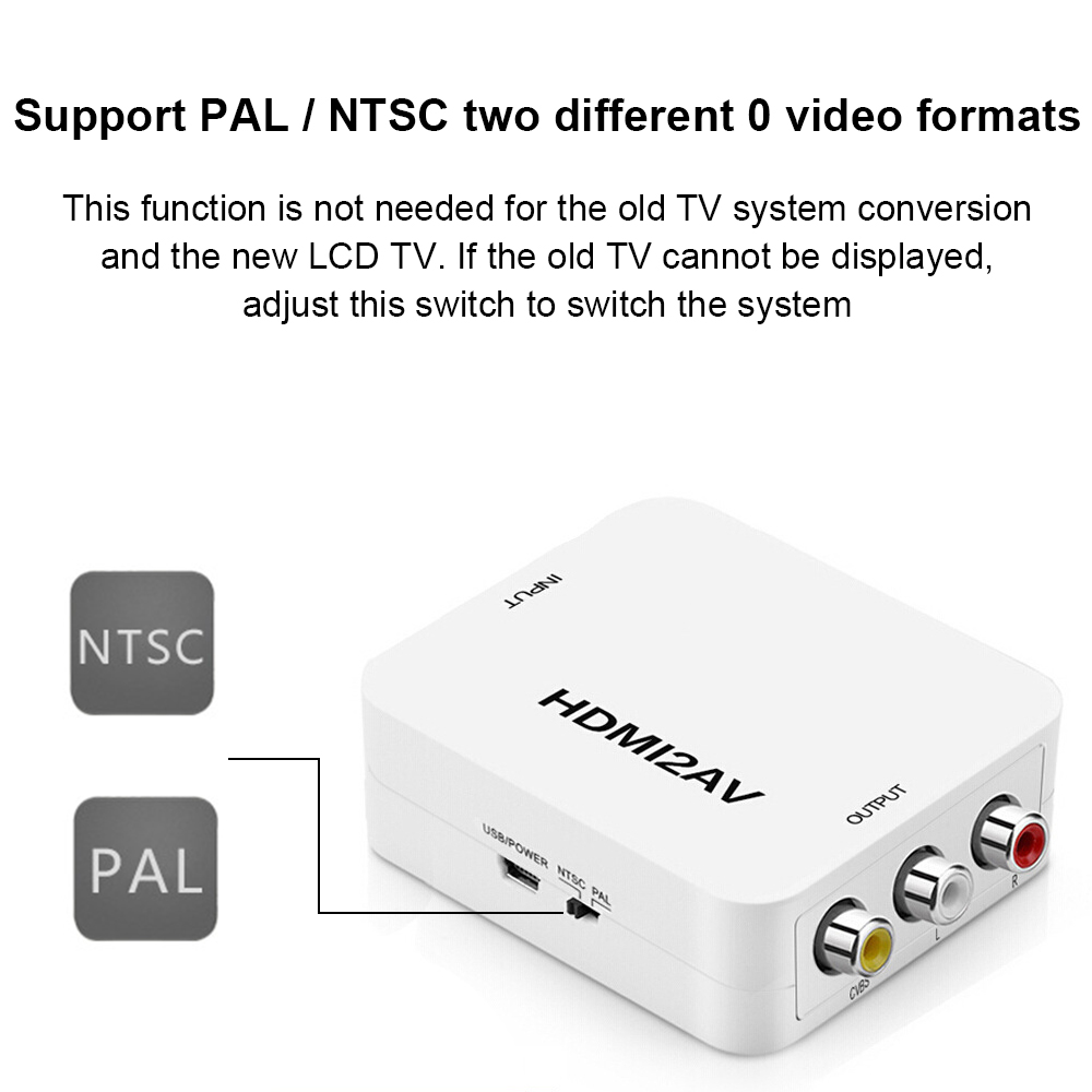 Weißer HDMI2AV-Konverter mit NTSC- und PAL-Tasten. Er hat Eingangs-, Ausgangs- und USB-Anschlüsse. Text: Unterstützt PAL/NTSC-Videoformate.