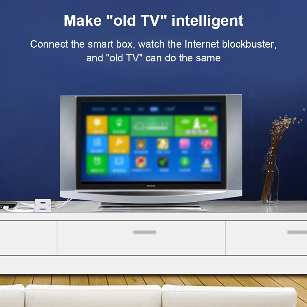 Ein Fernseher mit App-Symbolen steht auf einem weißen Schrank. Eine kleine weiße Box ist mit dem Fernseher verbunden. Der Hintergrund ist blau.