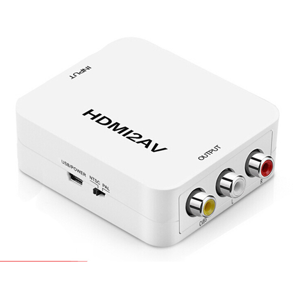 Weißer HDMI2AV-Konverter mit Eingangs- und Ausgangsanschlüssen, USB und einem Schalter. Der Ausgang hat rote, weiße und gelbe Cinch-Anschlüsse.