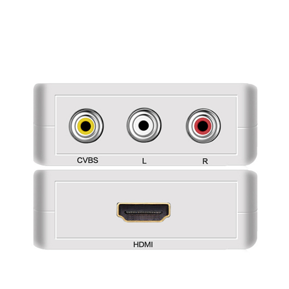 Weißer AV-zu-HDMI-Adapter. Oben befinden sich gelbe, weiße und rote Eingänge. Unten befindet sich ein HDMI-Eingang. Beschriftungen: CVBS, L, R, HDMI.