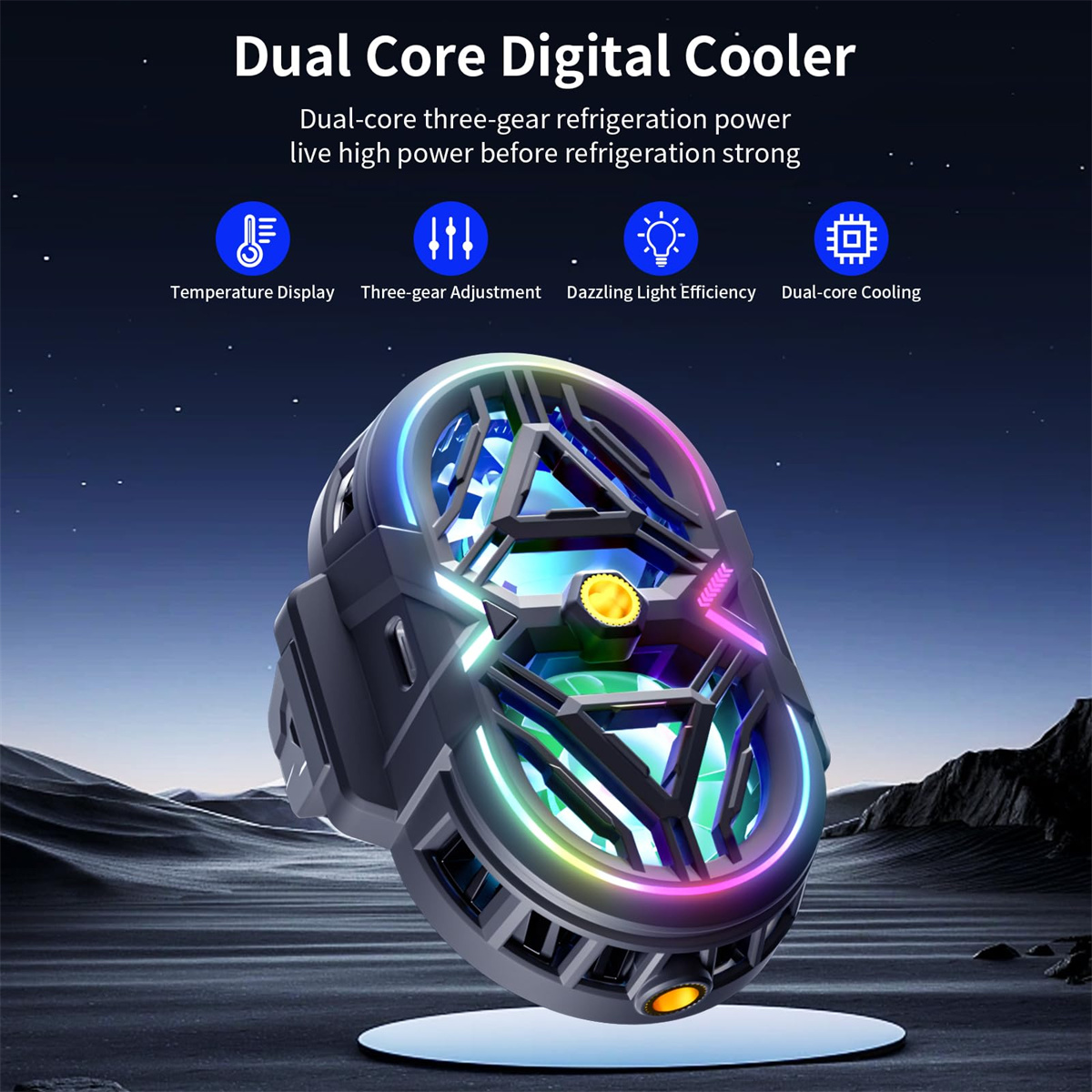 Ein Dual-Core-Digital-Kühler mit bunten Lichtern. Es hat ein futuristisches Design, der Hintergrund zeigt eine Landschaft unter einem Sternenhimmel.