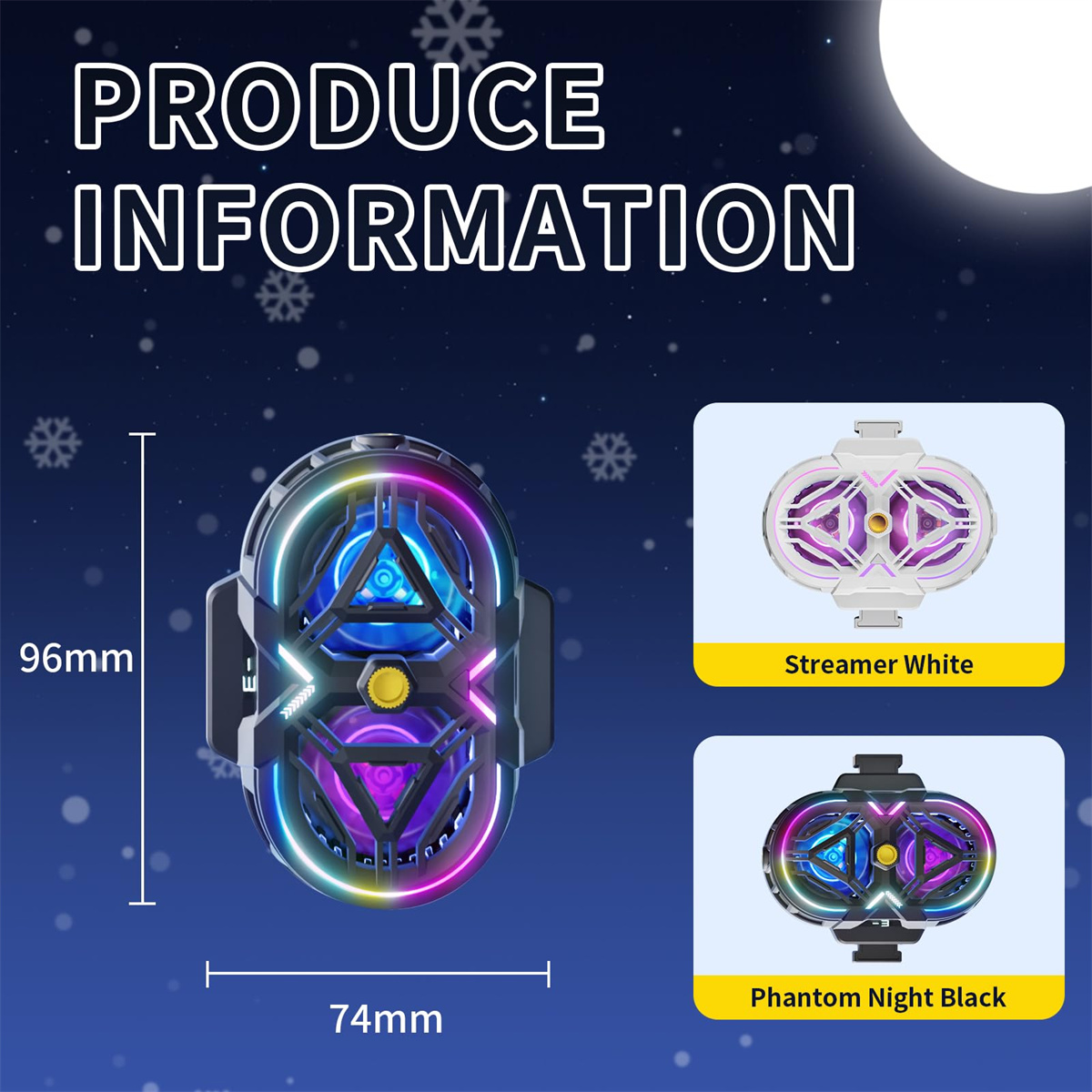Ein beleuchtetes Gaming-Gerät mit Maßen. Zwei kleinere Gerätebilder werden angezeigt: Streamer White und Phantom Night Black.