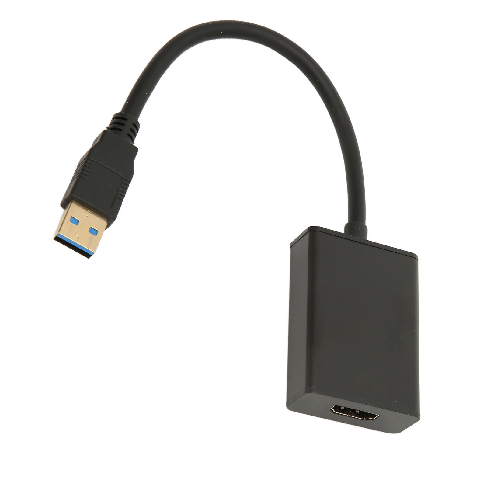 Ein schwarzes USB-zu-HDMI-Adapterkabel. USB-Anschluss links, Kabelbogen und HDMI-Anschluss rechts, alles auf weißem Hintergrund.