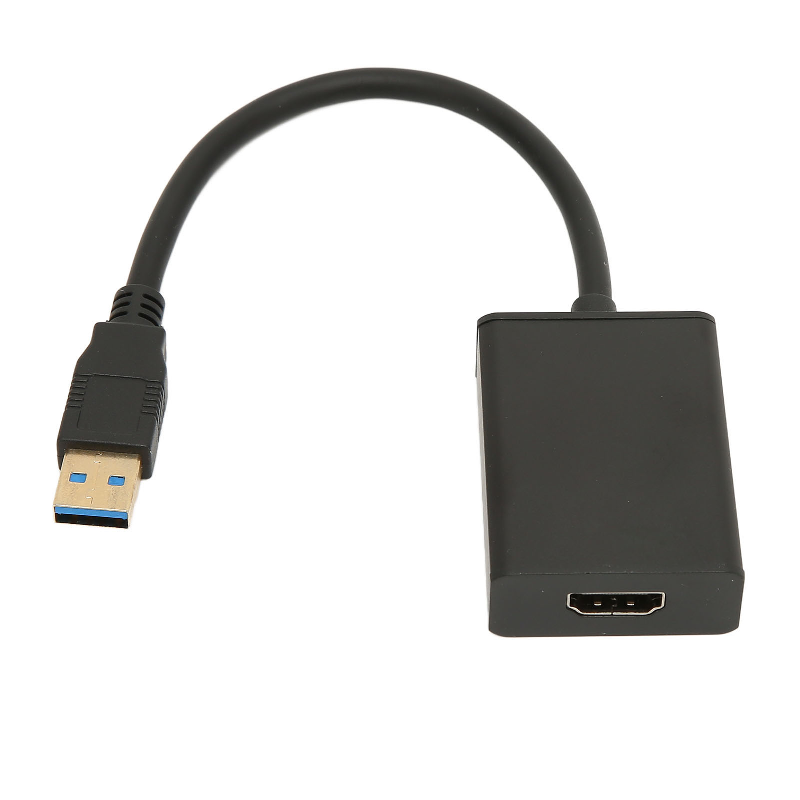 Ein schwarzer USB-zu-HDMI-Adapter. Er hat einen USB-Anschluss an einem Ende und einen HDMI-Anschluss am anderen Ende, verbunden durch ein schwarzes Kabel.