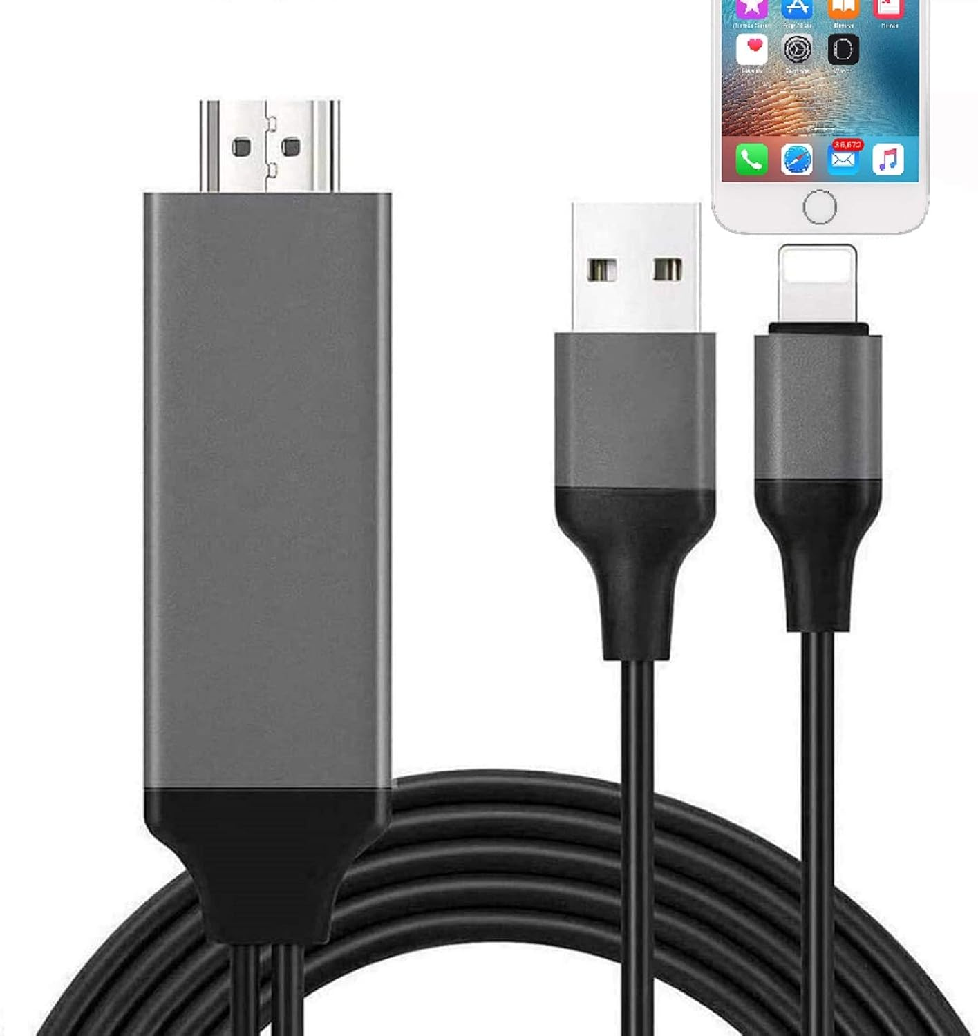Ein HDMI-Adapter mit USB- und Lightning-Anschlüssen. Oben wird ein Smartphone angezeigt. Alle sind durch schwarze Kabel verbunden.