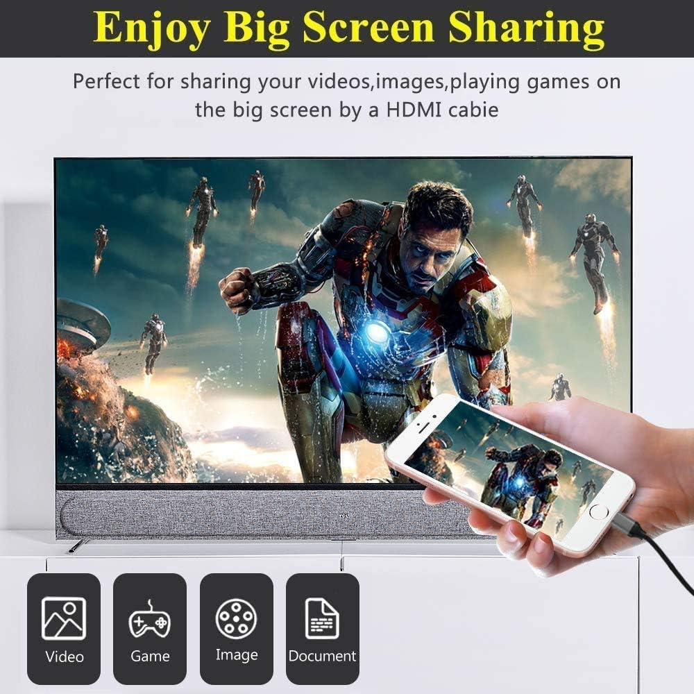 Hand hält Telefon, das mit Fernseher verbunden ist, der eine Filmszene zeigt. Text: Genießen Sie Big Screen Sharing. Symbole für Video, Spiel, Bild und Dokument.