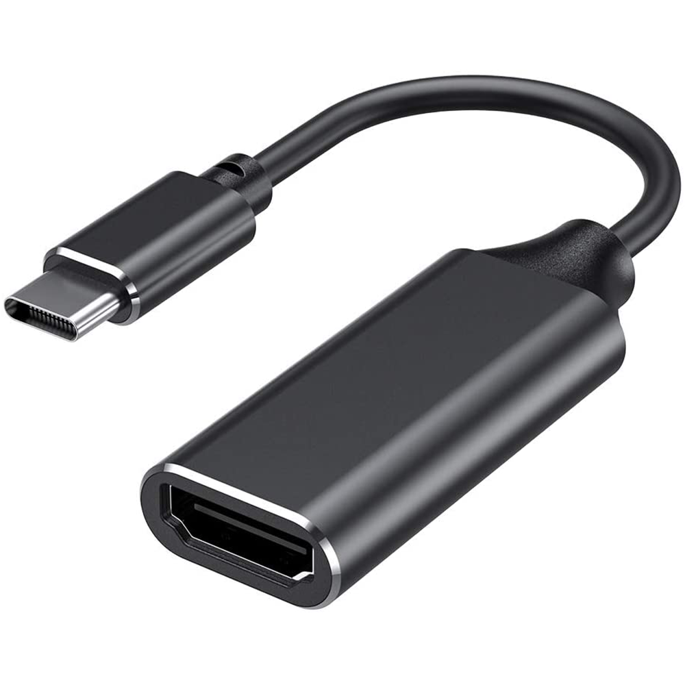 Ein schwarzer USB-C-zu-HDMI-Adapter, mit einem USB-C-Anschluss an einem Ende und einem HDMI-Anschluss am anderen.