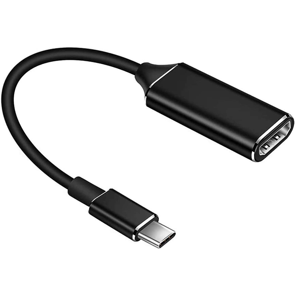 Ein schwarzes USB-C-zu-HDMI-Adapterkabel. Es hat einen USB-C-Anschluss, ein Kabel und einen HDMI-Anschluss.