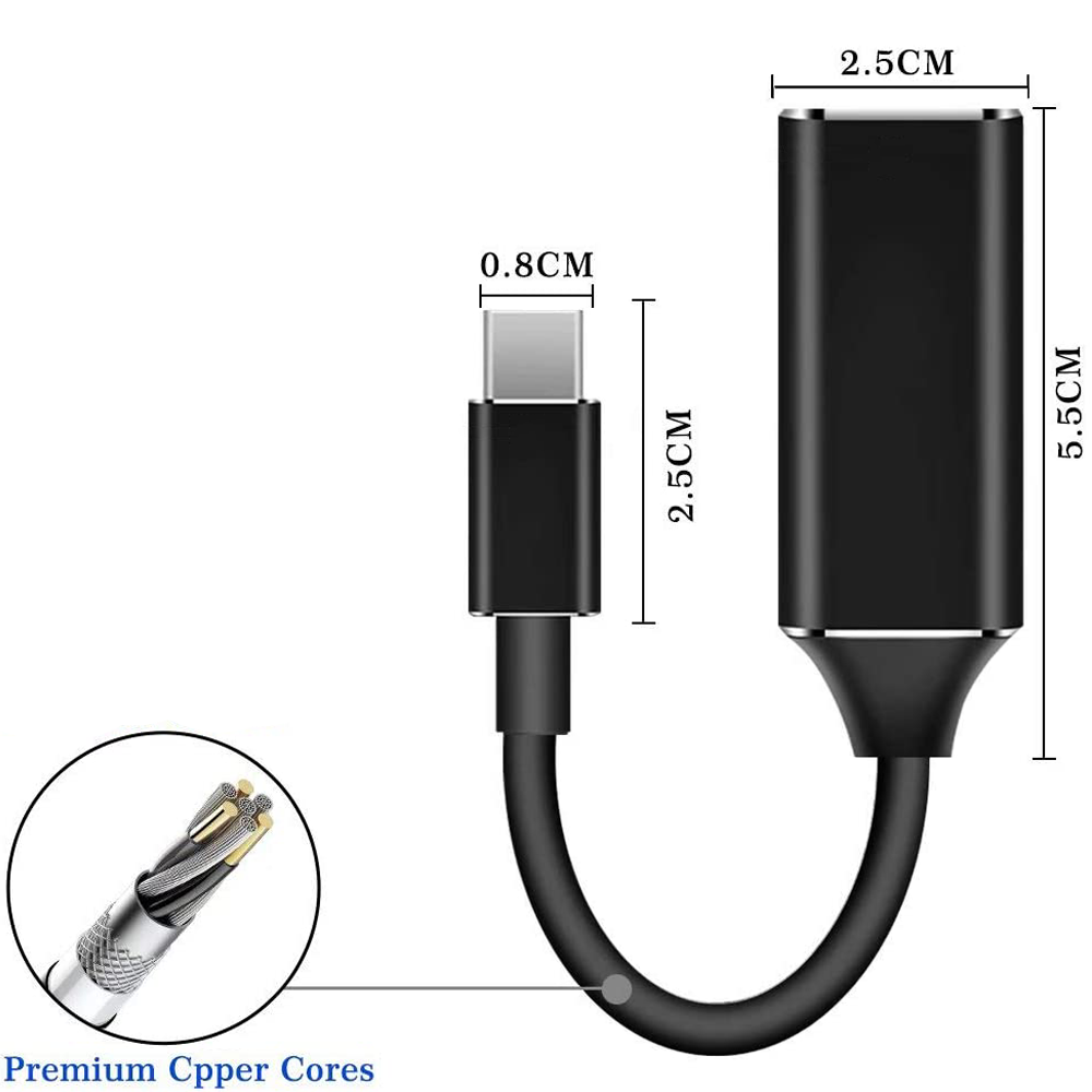 Schwarzer USB-C-Adapter mit Maßen: 2,5 cm x 5,5 cm. Das Kabel verbindet sich mit einem kleineren USB-C-Ende (0,8 cm x 2,5 cm). Ein Detail der Kupferkerne ist abgebildet.
