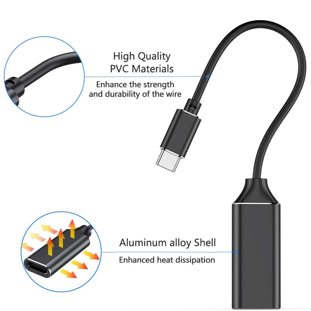Das Bild zeigt ein schwarzes USB-C-Kabel mit Textbeschriftungen, die PVC-Materialien und eine Aluminiumlegierung für Wärmeableitung hervorheben.