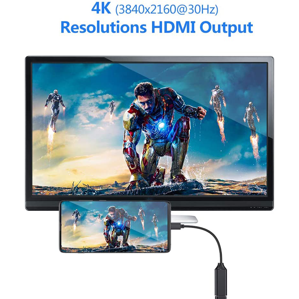 Ein Monitor und ein Telefon zeigen Iron Man. Oben steht '4K Resolutions HDMI Output'.