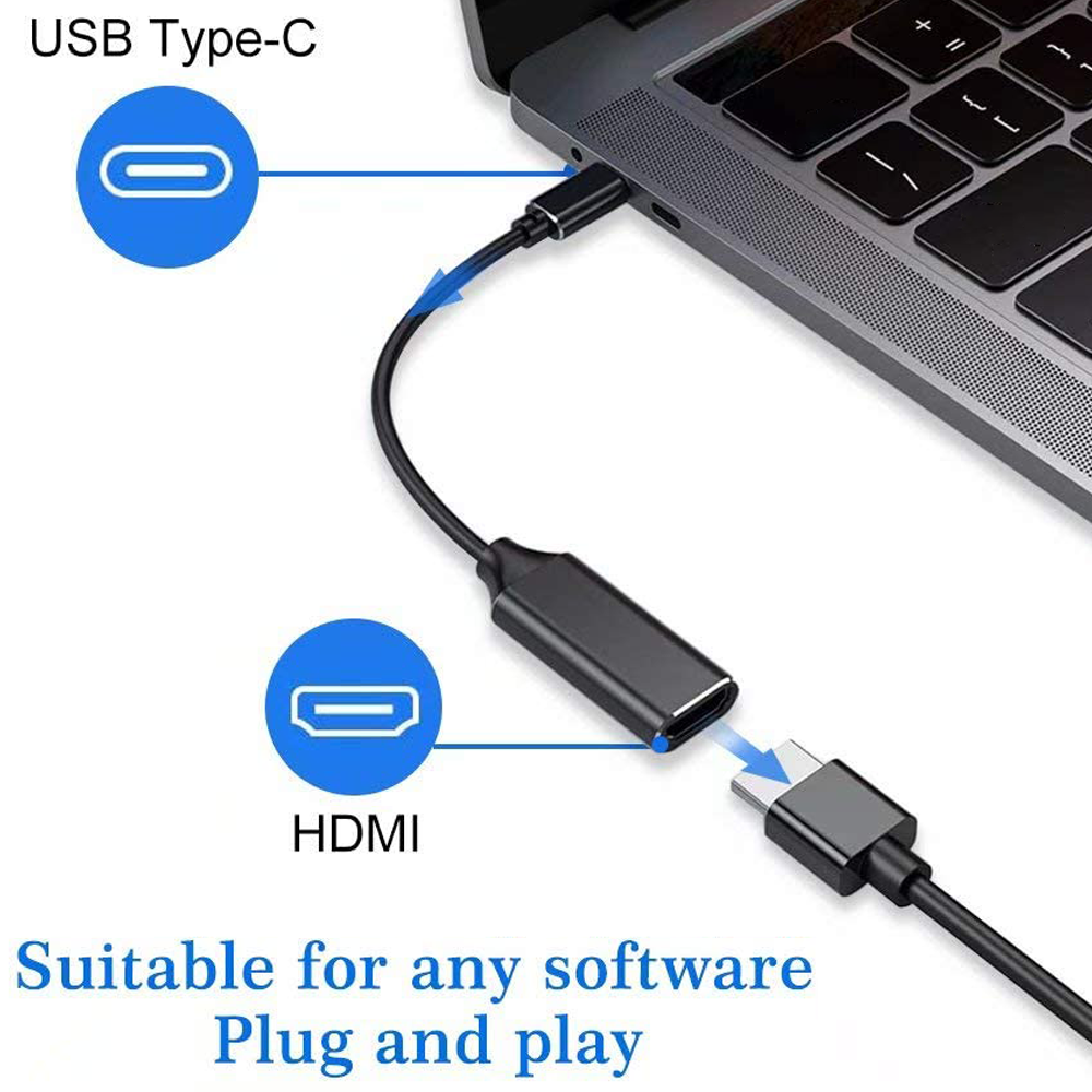 Ein schwarzer USB-C-zu-HDMI-Adapter, der an einen Laptop angeschlossen ist. Das Bild enthält Text, der die Softwarekompatibilität und Plug-and-Play-Funktionalität angibt.