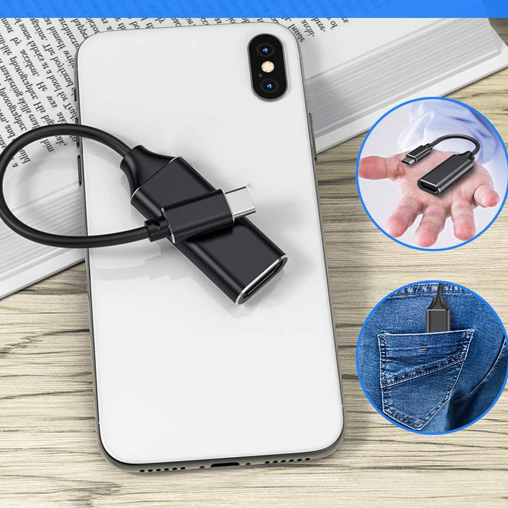 Ein schwarzer Adapter, der mit einem weißen Telefon verbunden ist. Zwei eingesetzte Bilder zeigen den Adapter in einer Hand und einer Tasche.