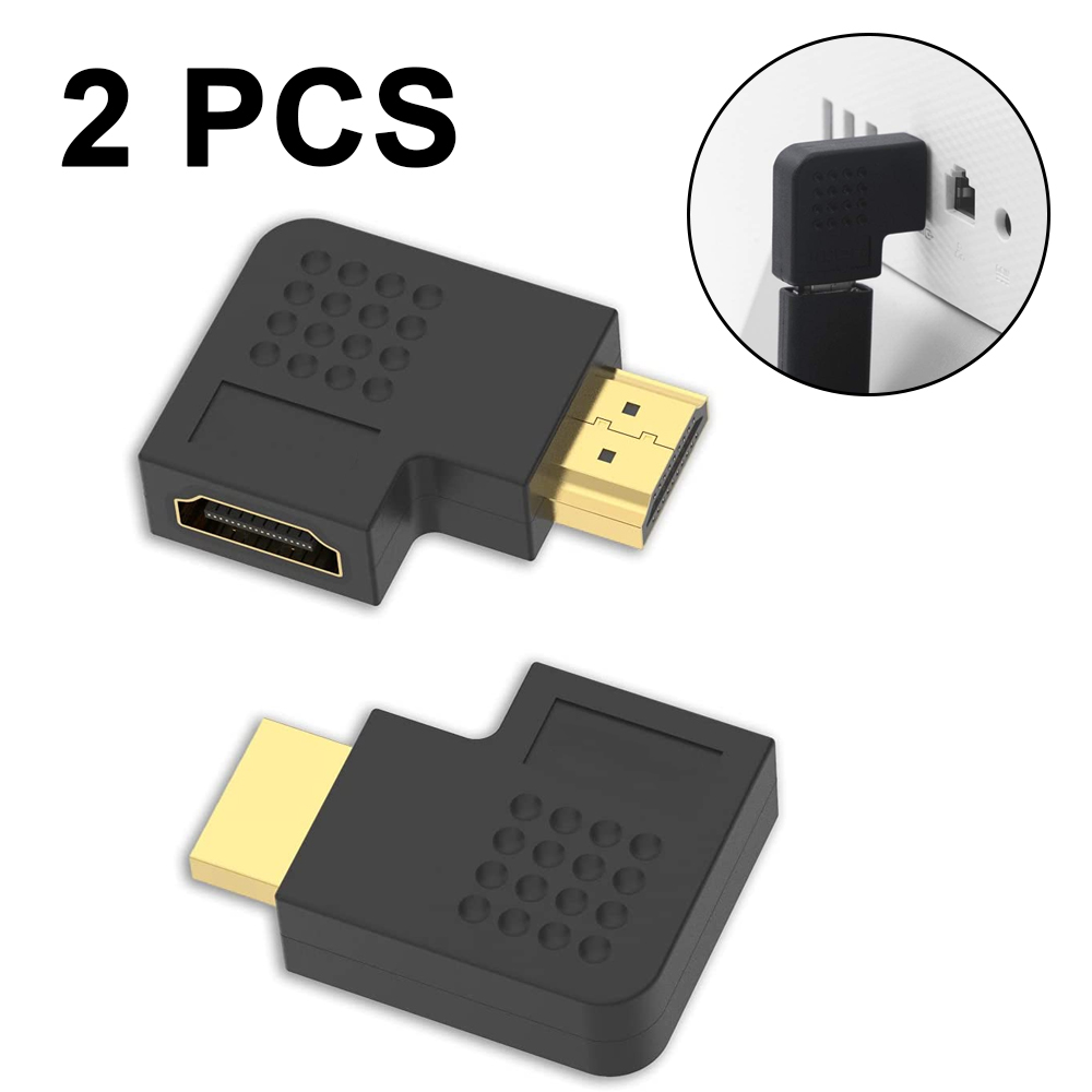 Zwei schwarze HDMI-Adapter mit goldenen Anschlüssen. Der Einsatz zeigt einen angeschlossenen. Text lautet "2 PCS".