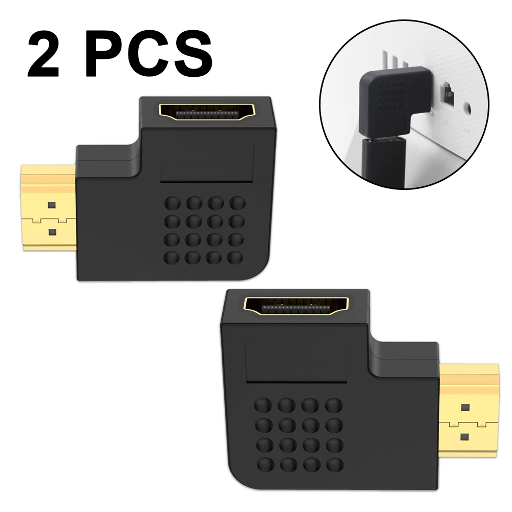 Zwei schwarze HDMI-Adapter mit Goldanschlüssen. Ein Adapter ist in ein Gerät eingesteckt, im Kreis dargestellt. "2 STK" oben.