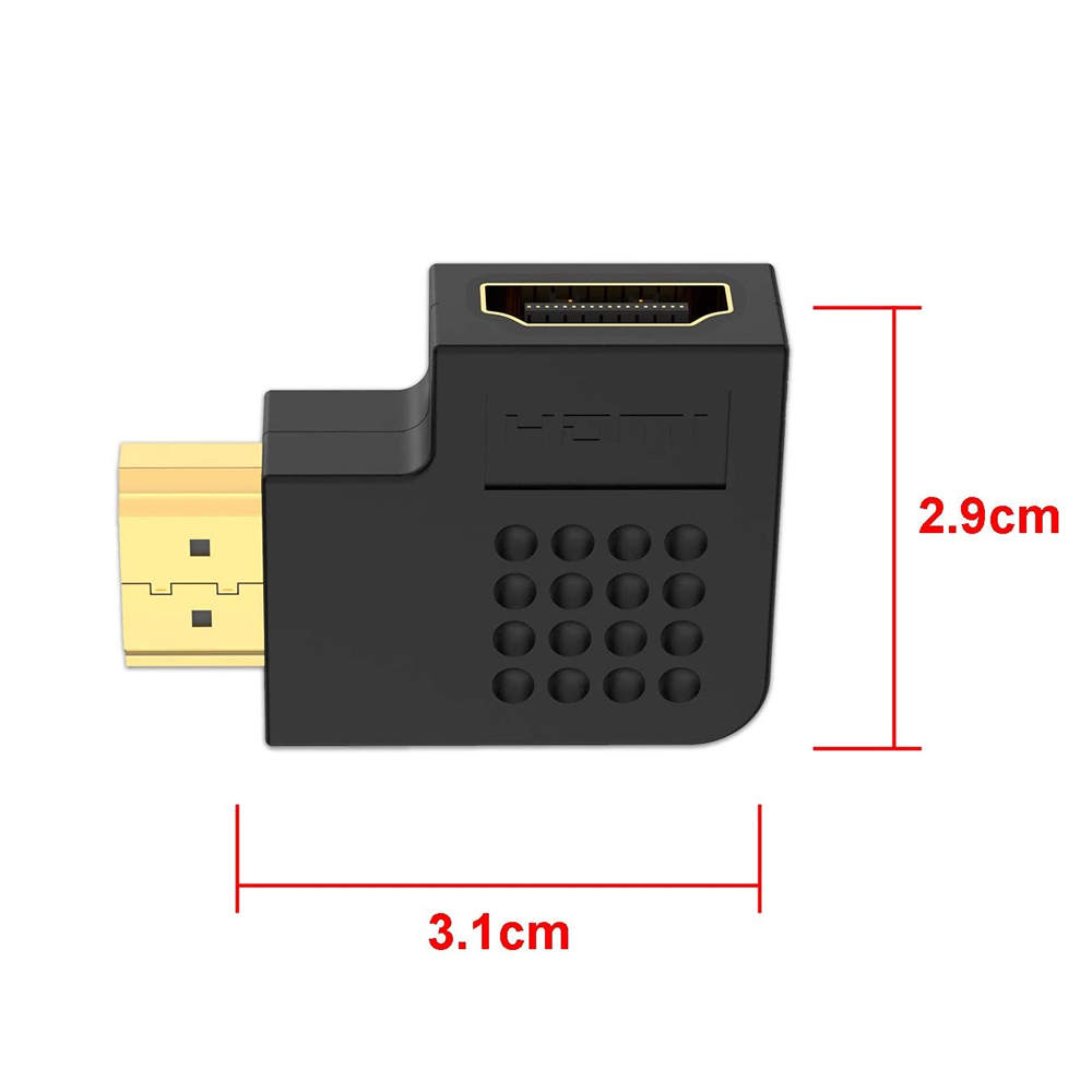 Schwarzer HDMI-Adapter mit Goldanschlüssen. Er ist 3,1 cm breit und 2,9 cm hoch. Text und kleine Kreise sind sichtbar.