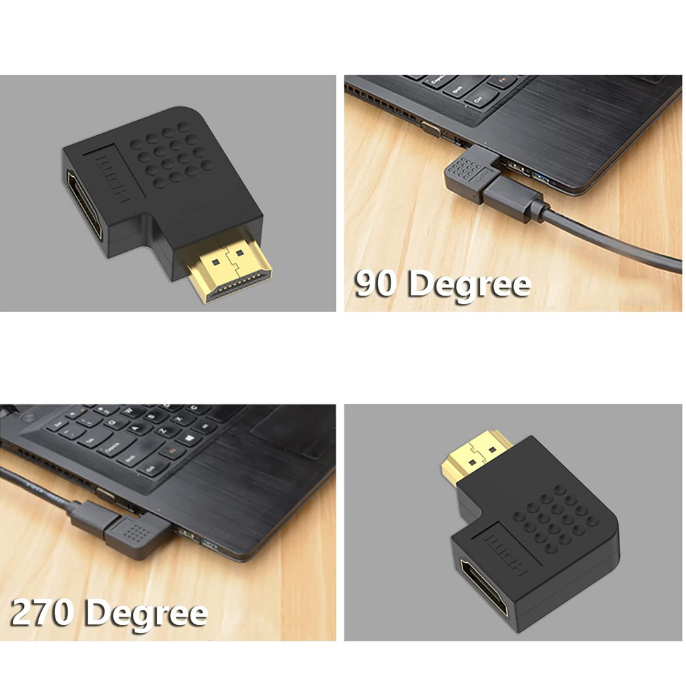 Vier Bilder zeigen HDMI-Adapter in verschiedenen Winkeln. Ein schwarzer Adapter mit HDMI-Anschluss und ein Laptop mit angeschlossenem Adapter.